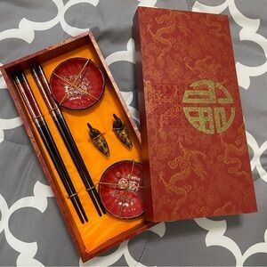Elegant Red and Gold Chopstick Set for 2 in a wooden box two small bowls